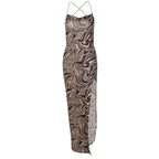 Ripple contrast print cross back slit cowl neck backless midi dress