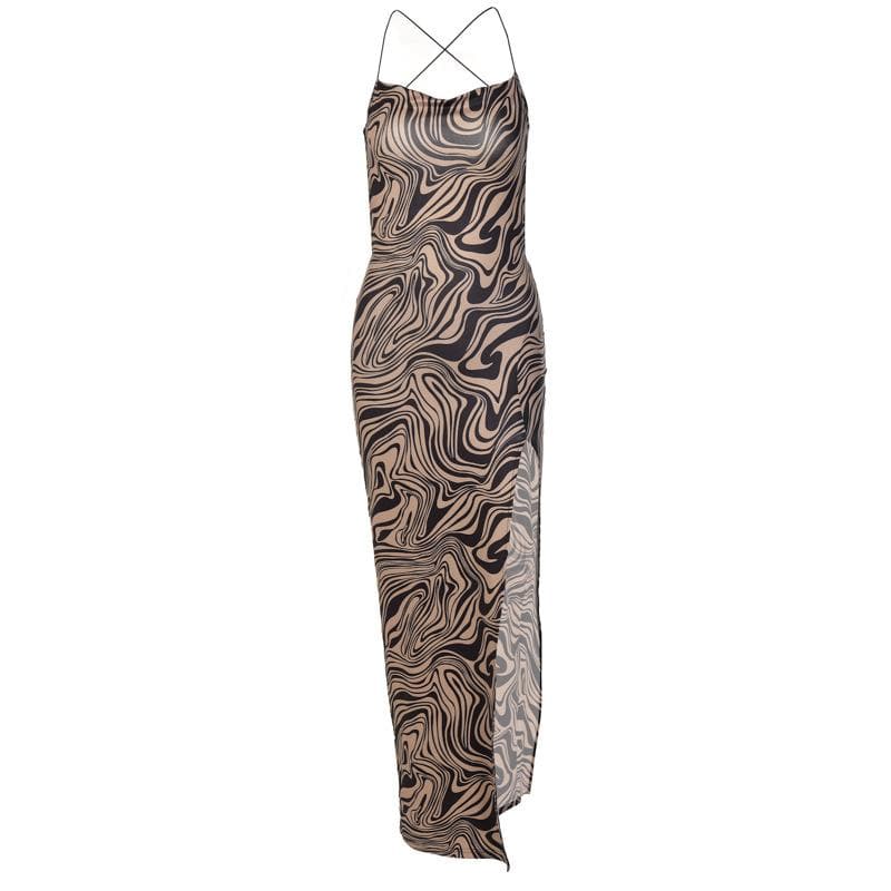 Ripple contrast print cross back slit cowl neck backless midi dress