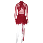 Long sleeve ruffle ruched cross front halter sheer mesh mini dress