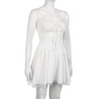 Zip-up lace hem ruched square neck backless solid mini dress