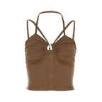 Cross front backless button ruched solid ribbed crop top