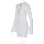 Lace up solid long sleeve ribbed self tie mini dress  | Festival Outfits Women