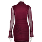 Mesh solid long sleeve turtle neck ruched zip-up mini dress