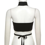 Beaded contrast halter hollow out backless crop cut out top