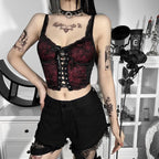 Lace v neck contrast lace up backless crop top