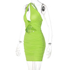 Ruched solid knotted one shoulder hollow out backless mini dress