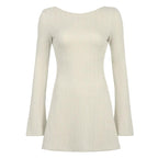 Long sleeve solid textured backless mini dress