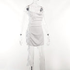 Solid cowl neck halter flower applique backless ruffle mini dress