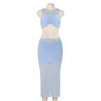 Crewneck sleeveless ruched mesh crop maxi skirt set  | Festival Outfits Women