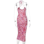 Low Cut Hollow Out Printed Halter Dress