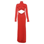 Hollow out solid long sleeve high neck zip-up cut out maxi dress  | Festival Outfits Women