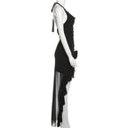Halter cowl neck flower applique ruffle maxi dress  | Festival Outfits Women