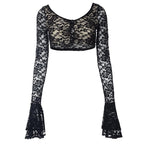 Long flared sleeve lace u neck button backless crop top  | Festival Outfits Women