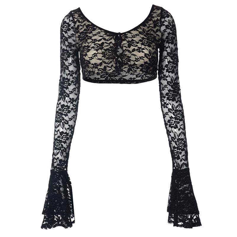 Long flared sleeve lace u neck button backless crop top  | Festival Outfits Women