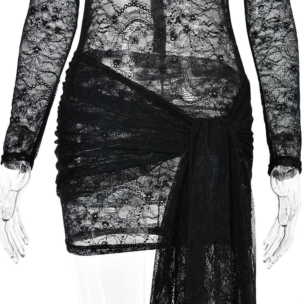 Lace see through long sleeve zip-up self tie ruched mini dress