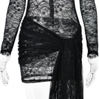 Lace see through long sleeve zip-up self tie ruched mini dress