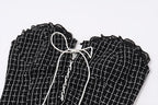 Long sleeve mesh plaid bowknot lace up shrug 2 piece mini dress