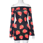 Off shoulder long sleeve strawberry print contrast mini dress