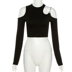 Long sleeve off shoulder metal chain crewneck solid crop top