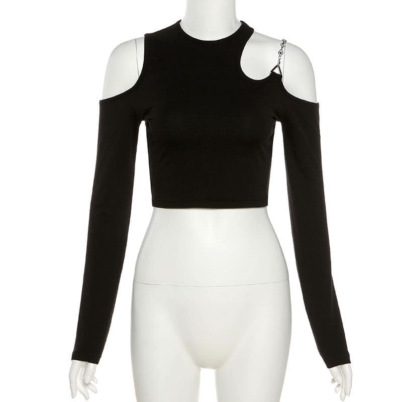 Long sleeve off shoulder metal chain crewneck solid crop top