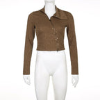 Textured irregular turnover collar zip-up long sleeve crop top