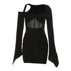 Long sleeve mesh puff sleeve irregular corset fluffy mini dress