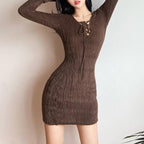 Long sleeve solid knitted hollow out self tie mini dress