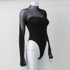 Long sleeve high neck mesh patchwork bodysuit  | Festival Outfits Women