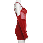 Sweetheart neck gloves velvet glitter mesh patchwork cami dress