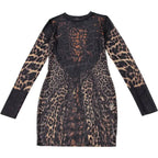 Crewneck long sleeve leopard print mesh mini dress  | Festival Outfits Women  | Leopard Print Mini Dress