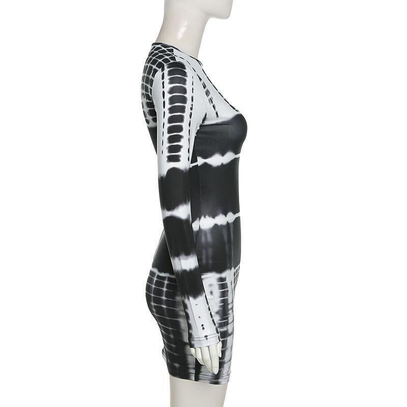 Long sleeve crewneck tie dye bodycon dress