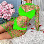 Long sleeve high neck fishnet hollow out lingerie set  | Festival Outfits Women