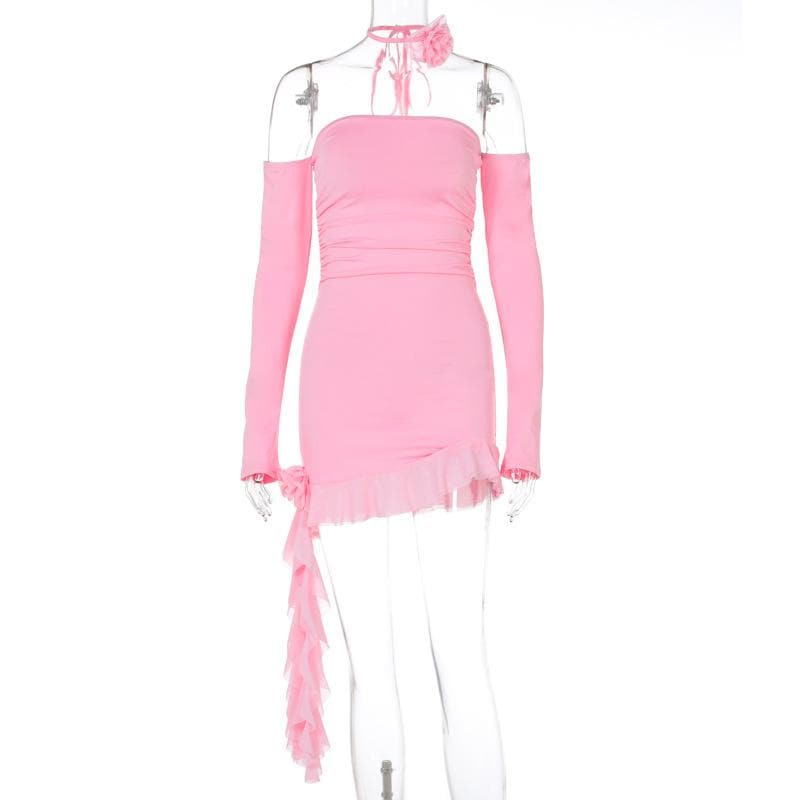 Long sleeve off shoulder flower applique ruffle ruched mini dress