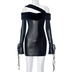 Long sleeve off shoulder PU leather furry solid mini dress