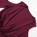 Long flared sleeve off shoulder cowl neck ruched solid mini dress  | Festival Outfits Women
