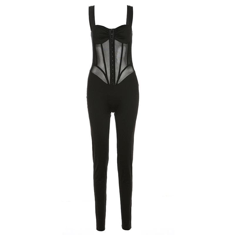 Button mesh patchwork ruched backless cami jumpsuit  | Festival Outfits Women