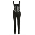 Button mesh patchwork ruched backless cami jumpsuit  | Festival Outfits Women