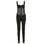 Button mesh patchwork ruched backless cami jumpsuit  | Festival Outfits Women