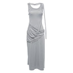Ruched solid sleeveless u neck irregular midi dress