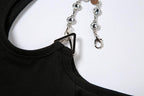 Long sleeve off shoulder metal chain crewneck solid crop top