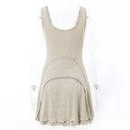 Sleeveless u neck stitch ruffle patchwork solid mini dress