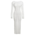 Textured slit ruffle long sleeve solid crewneck maxi dress