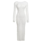 Textured slit ruffle long sleeve solid crewneck maxi dress