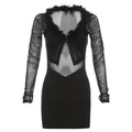 Feather v neck mesh long sleeve button mini dress  | Festival Outfits Women