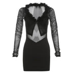 Feather v neck mesh long sleeve button mini dress  | Festival Outfits Women