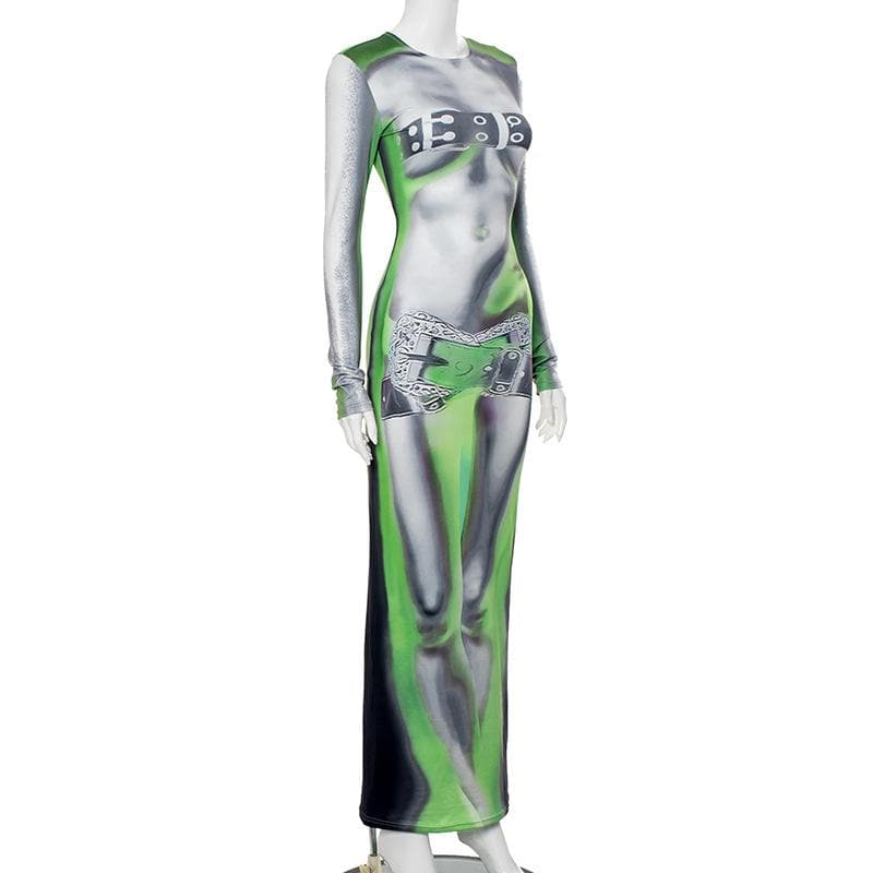 Long sleeve body print crewneck abstract contrast maxi dress