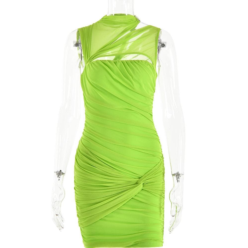 Sleeveless irregular hollow out mesh knotted ruched mini dress