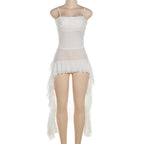 Lace patchwork square neck ruffle solid cami mini dress