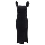 Velvet feather sleeveless slit solid zip-up midi dress