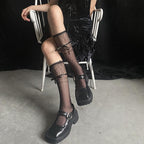 Lace hem bowknot flower pattern knee high socks
